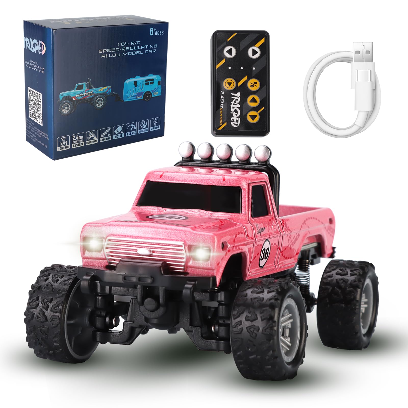 hehred Mini RC Truck,1:64 Scale Monster Truck Remote Control Car with Lights, 2.4Ghz Remote Control RC Car and Trailer, Speed and Steering Adjustable