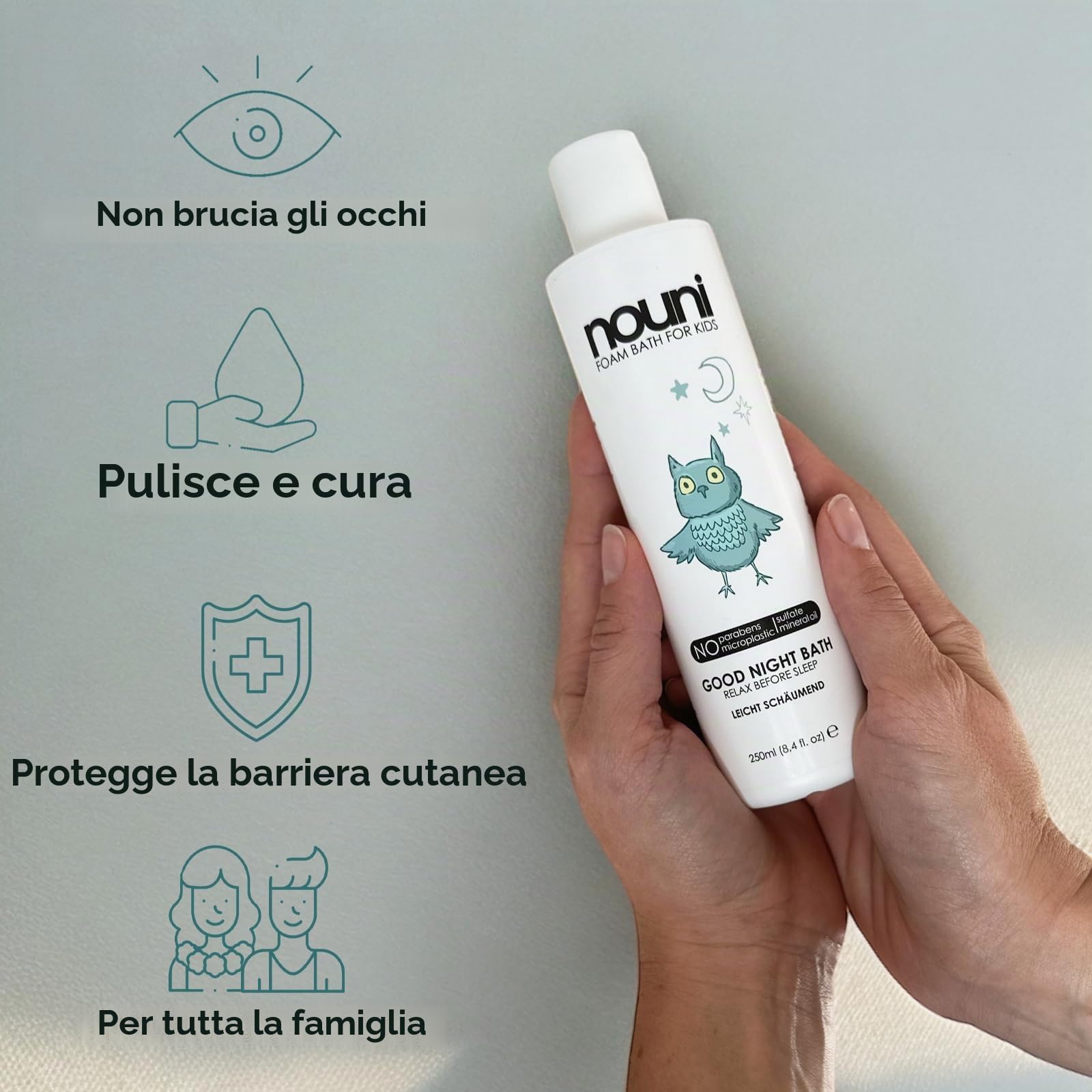 Gel detergente, shampoo e schiuma da bagno per bambini, senza parabeni, microplastica, solfati e siliconi, lenisce la pelle delicata, delicata sugli occhi e sensitiva, innocuo per corpo, viso e