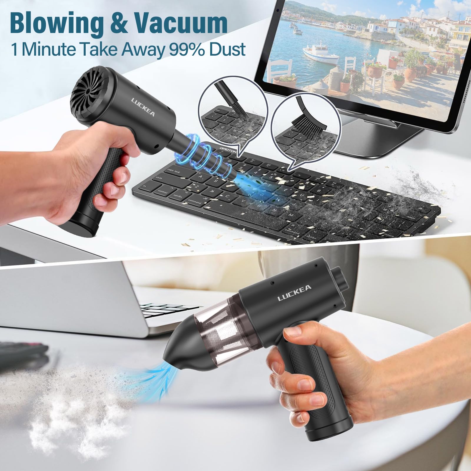 Pulverizador de aire comprimido eléctrico con 3 marchas, 2 en 1, pulverizador de aire comprimido, aspiradora de mano, batería de 6000 mAh, Air Duster para portátil, teclado, electrónica, limpieza del