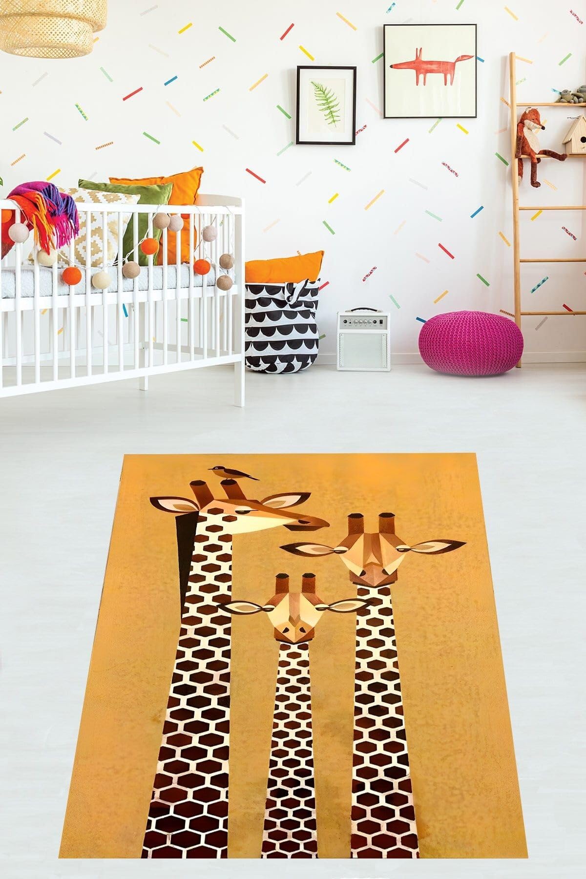 Pelangi Zürafa Arkadaşlar Desenli Yıkanabilir Kaymaz Taban Leke Tutmaz Çocuk Odası Halısık, Koyu Açık Kahve 160 x 350, 76420261603501
