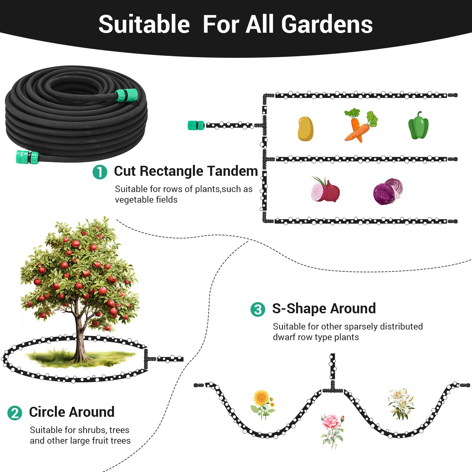 Tuyau d'Arrosage Extensible de Jardin 50M - TLGREEN - Caoutchouc - Noir - 12 mm - 5.3 kg - Accessoires inclus - 1 x 50m
