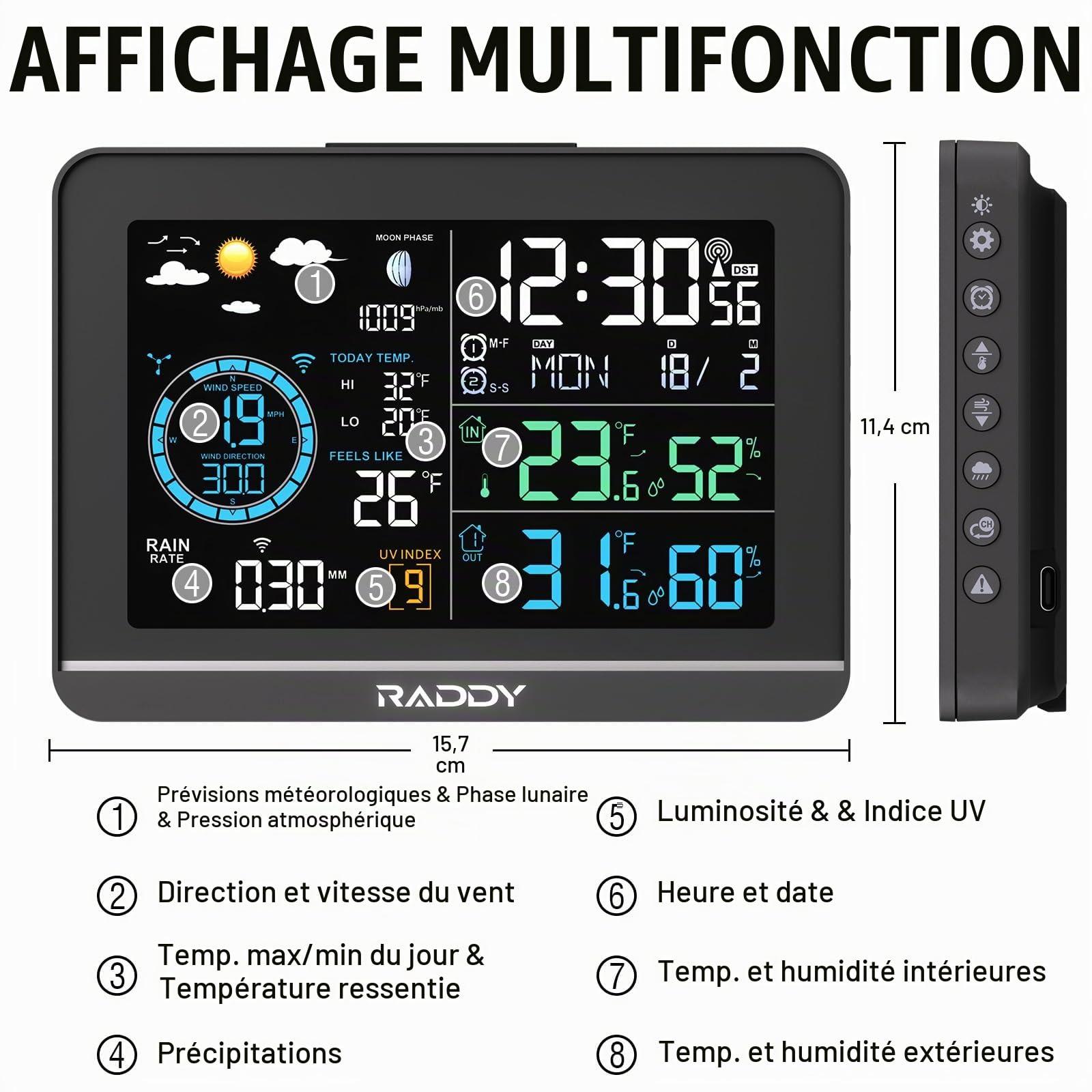 Raddy UV-6 avec Écran VA 6" et Capteur Extérieur Station Météo Professionnelle, Thermomètre Hygromètre Sans Fil Intérieur/Extérieur, Horloge Atomique, Indice UV et Lumineux, Anémomètre, Pluviomètre