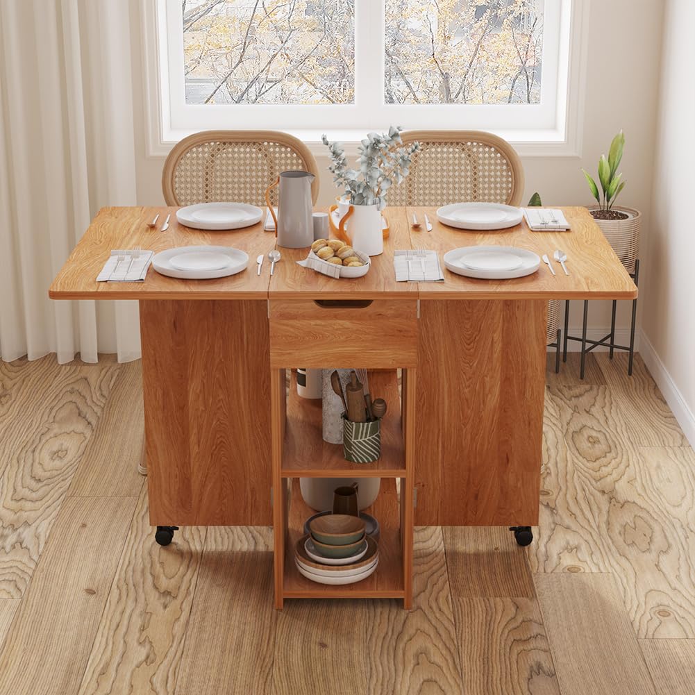Shally Dogan Tavolo da Pranzo Pieghevole Salvaspazio con Ruote, Scrivania Richiudibile con 2 Ripiani e 1 Cassetto, Design Moderno Multiuso Ideale per Casa, Ufficio, 120 x 77 x 75 cm (Legno)