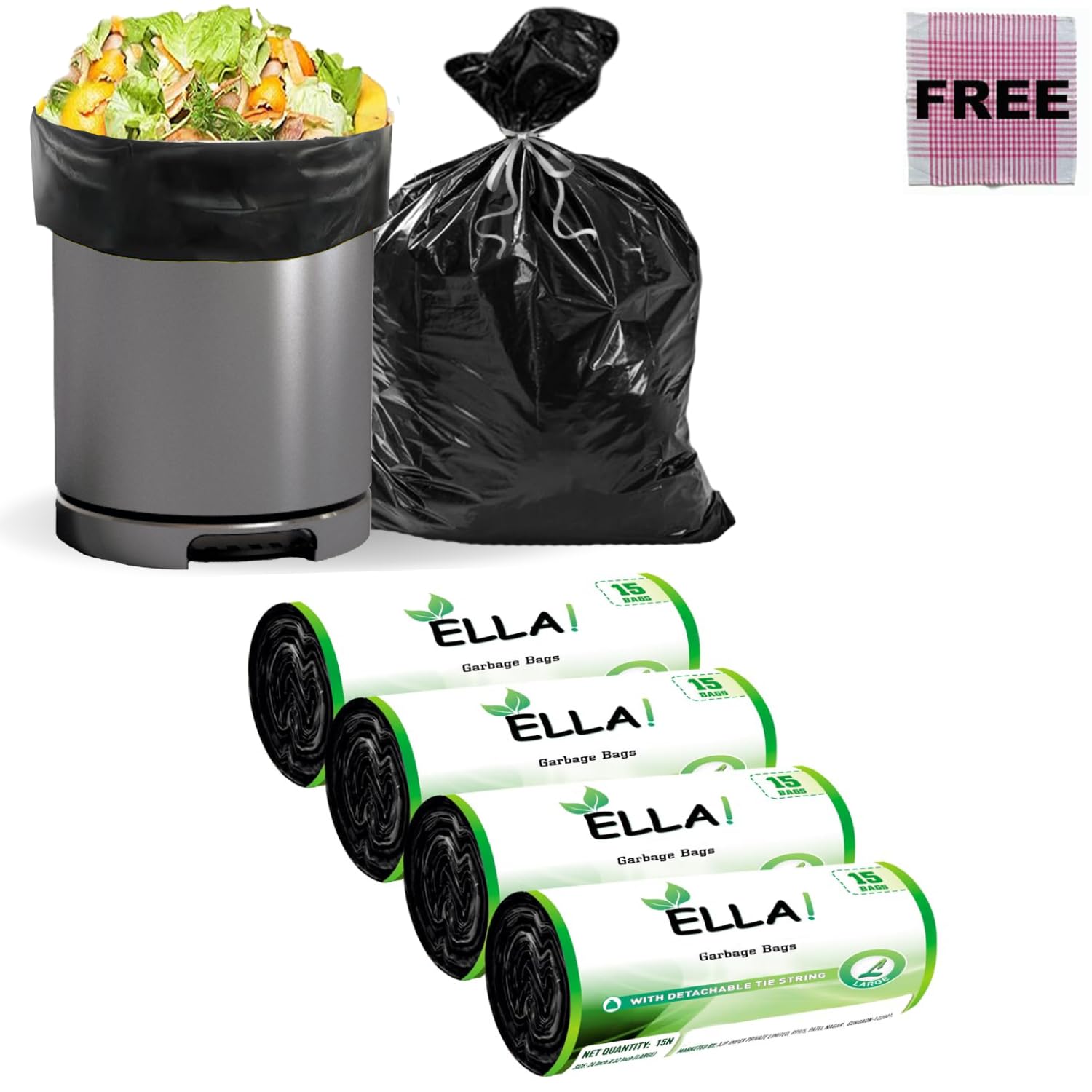 ELLA Garbage Bags 24 x 32 Inches White Color 4 Rolls 60 Bags Large Size Strong Trash Bags for Daily Waste Disposal in Homes Offices and Commercial Dustbins With Check Duster Cloth Free