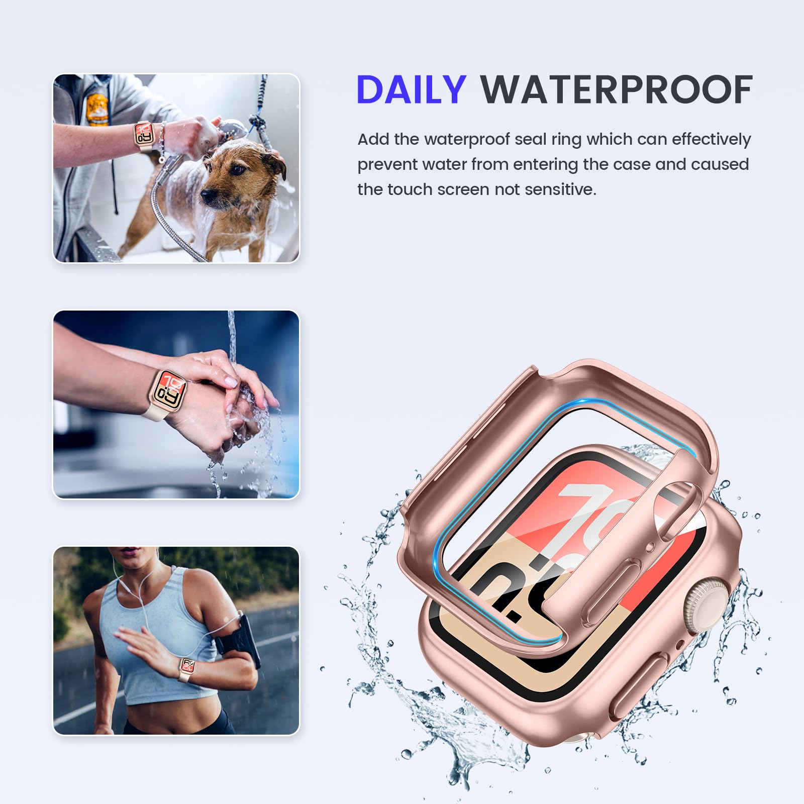 Kamita Wodoodporne etui do Apple Watch Series SE 3/SE 2/SE/6/5/4 44mm, twarde etui PC Bumper z wbudowaną folią ochronną ekranu ze szkła hartowanego, pełne pokrycie ochronne do iWatch 44 (różowe złoto)