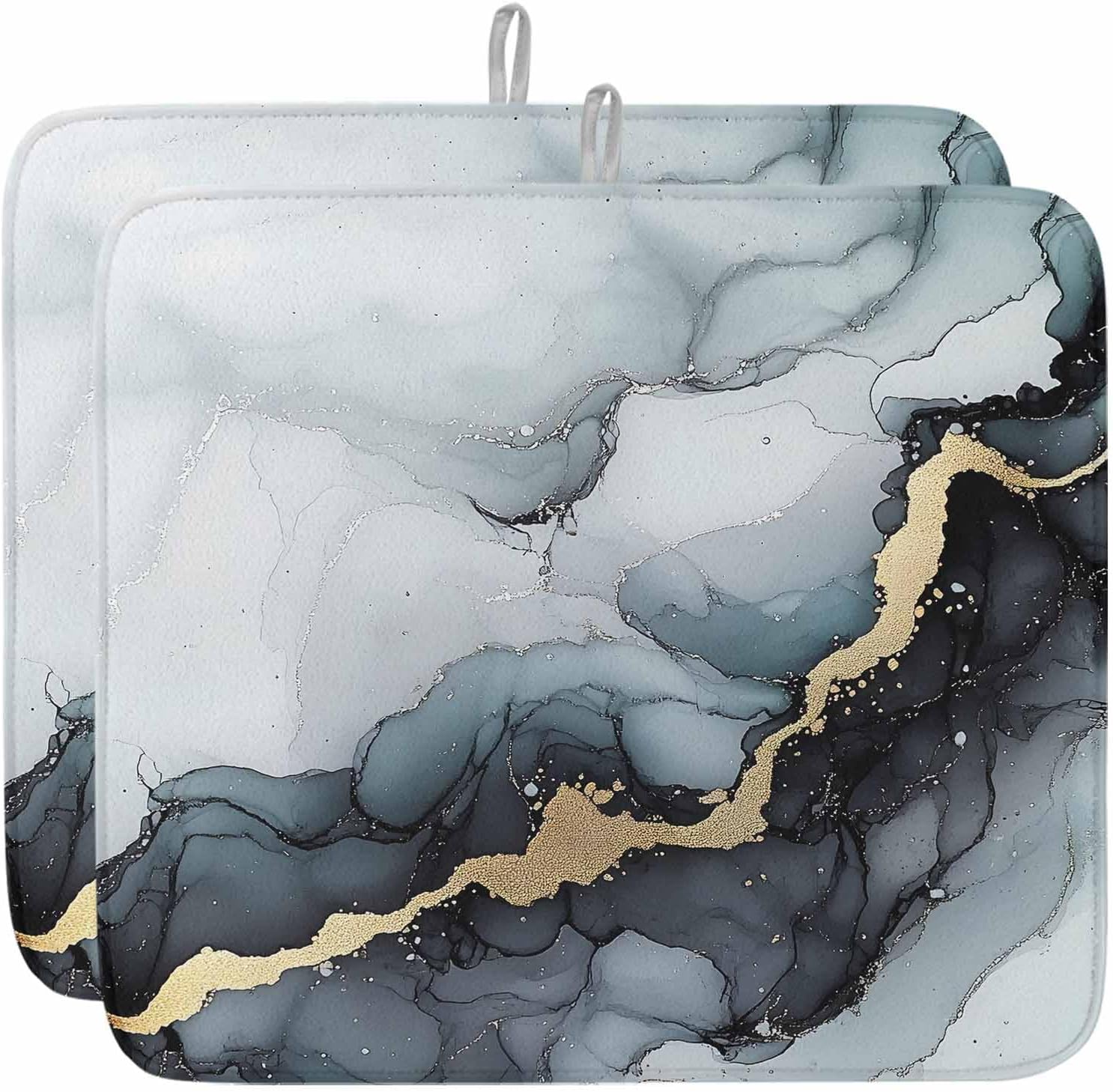 Dish Drying Mat Set of 2 Marble Texture Microfiber Absorbent Reusable Washable Dish Drying Rack Mat Gradient Blue Gold Coffee Mat for Coffee Maker Bar Kitchen Countertops 18x24inch