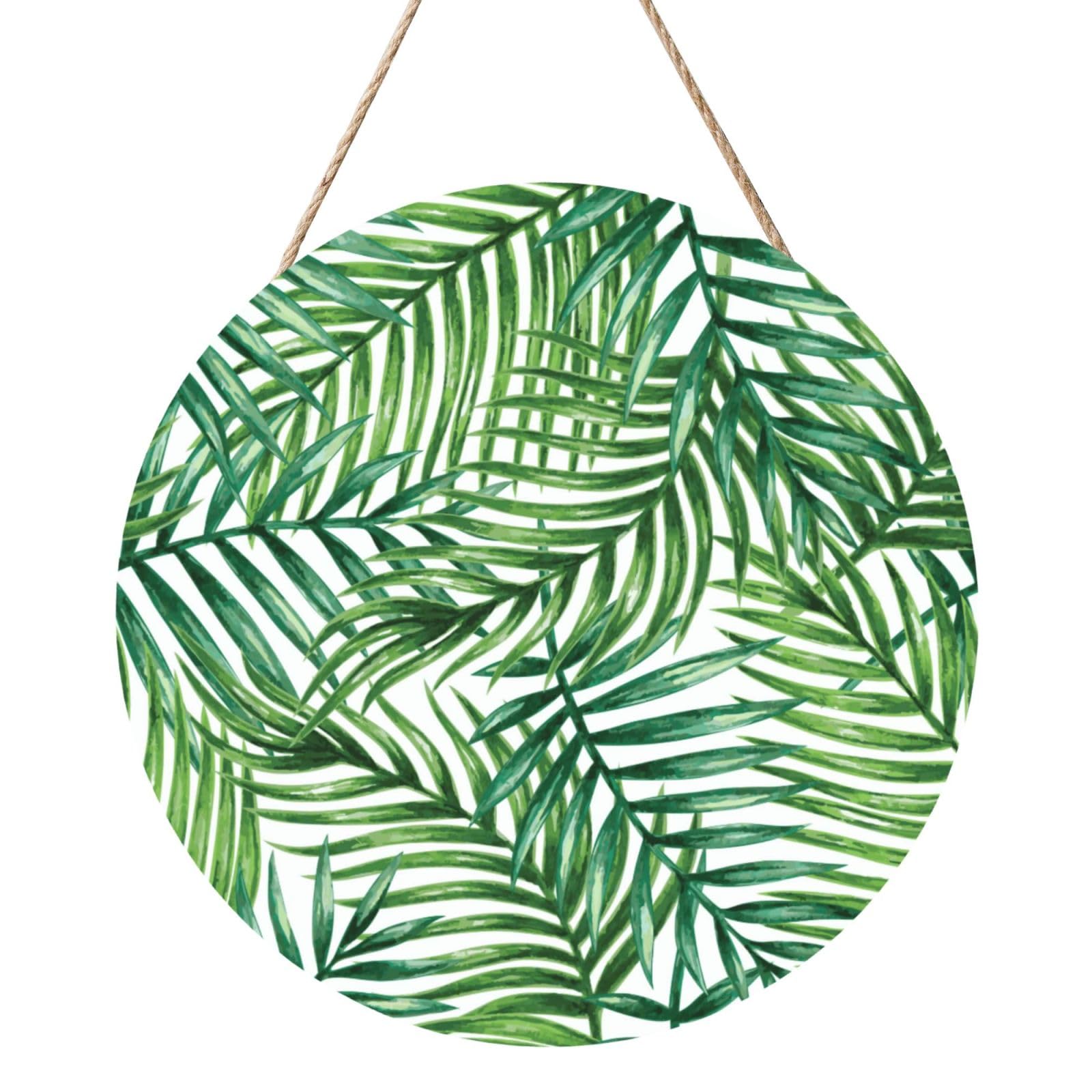 InOmak Tropical Palm Tree Leaves Printed, Round Wood Panel Painting 12 in, Wall Hanging Painting For Home