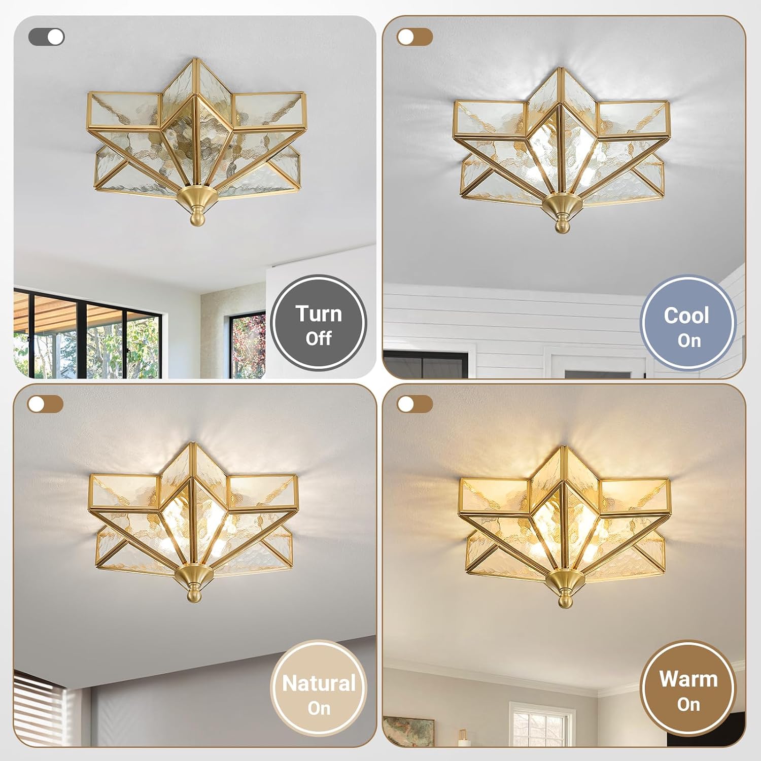 Star Flush Mount Ceiling Light: 12 Inch Brass Clear Glass Lighting Fixture