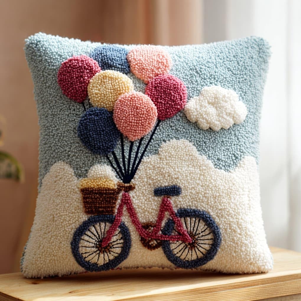 WallustrioaW DIY Rug Cushion kit,Balloons on Bicycles,Beginner Latch Hook kit - Therapeutic Craft for Adults - Pre-gridded Latch Canvas - Mothers Day Handmade Gift,17x17in