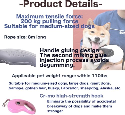 Miniatura 3 de Correa retráctil para perro de 26 pies con dispensador, adecuada para perros medianos y grandes de hasta 110 libras, diseño resistente con mango