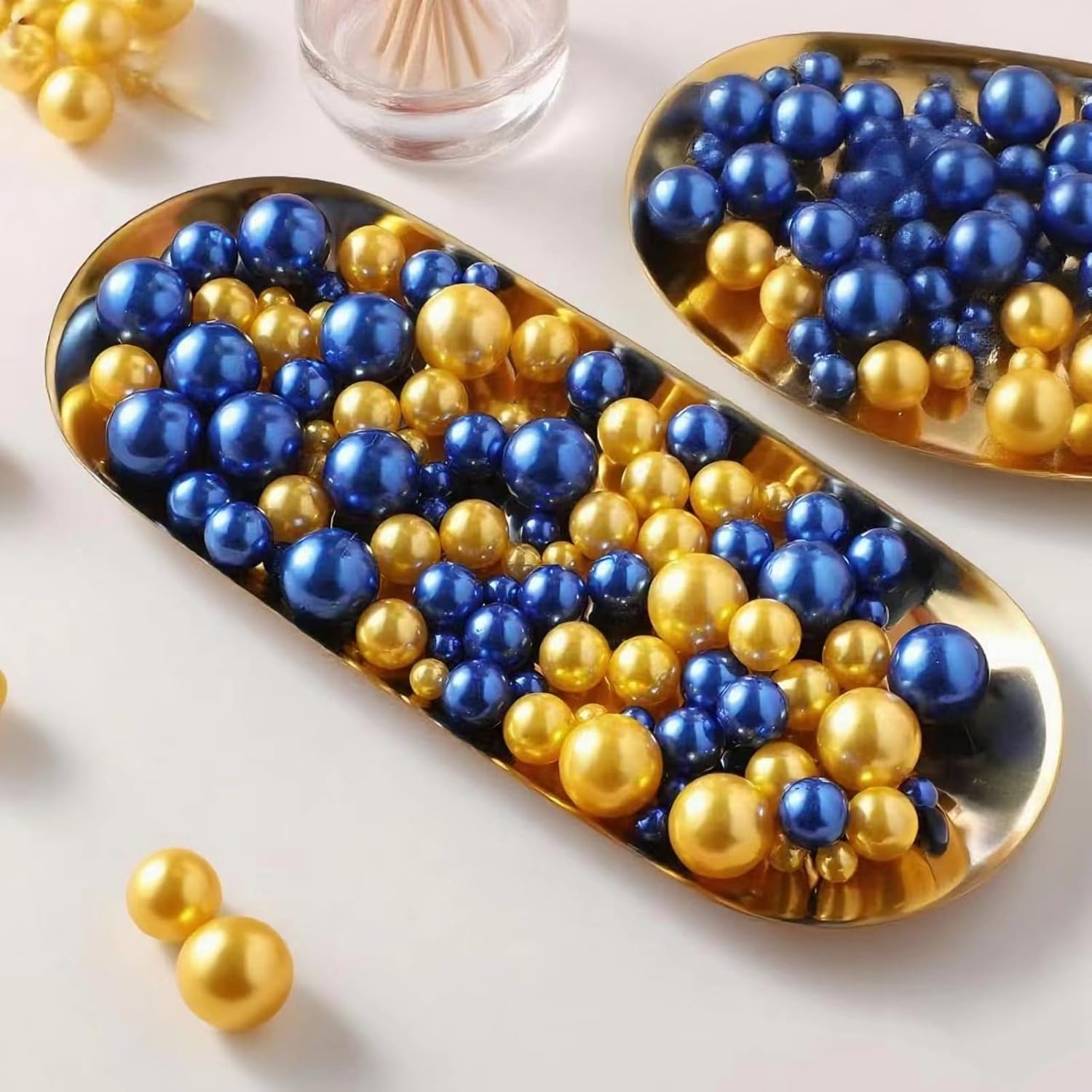 UDU 200 Pcs Vase Filler Pearl Beads No Hole Faux Polish Pearls for Centerpieces Vases Beads for vases Home Birthday Wedding Party Table Decor (Blue and Gold)