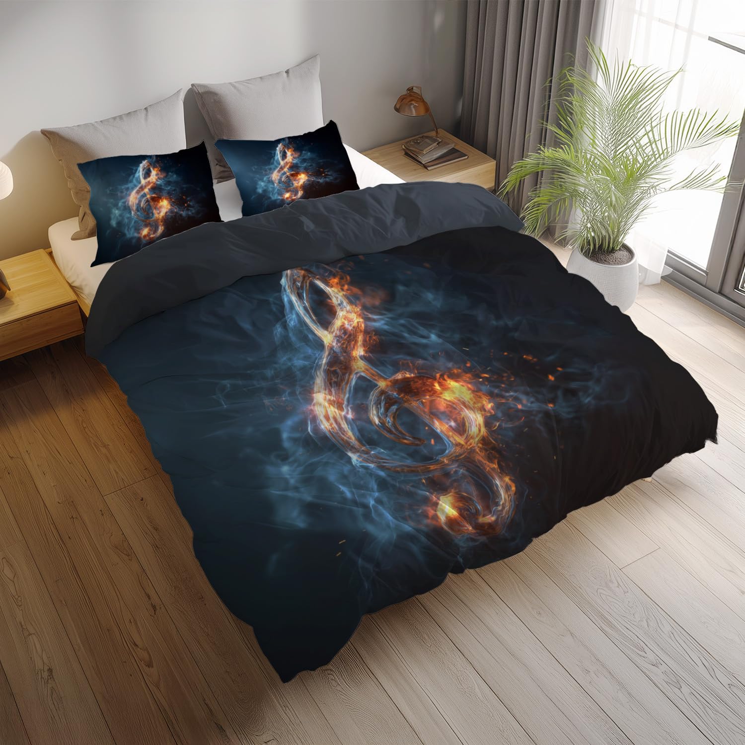 Szara mgiełka poszwa na kołdrę 240 x 260 cm z 2 poszewkami na poduszki 80 x 80 cm, miękka oddychająca pościel z mikrofibry, nadprzyrodzone nuty muzyczne dym ogień zestaw nastolatków wystrój sypialni
