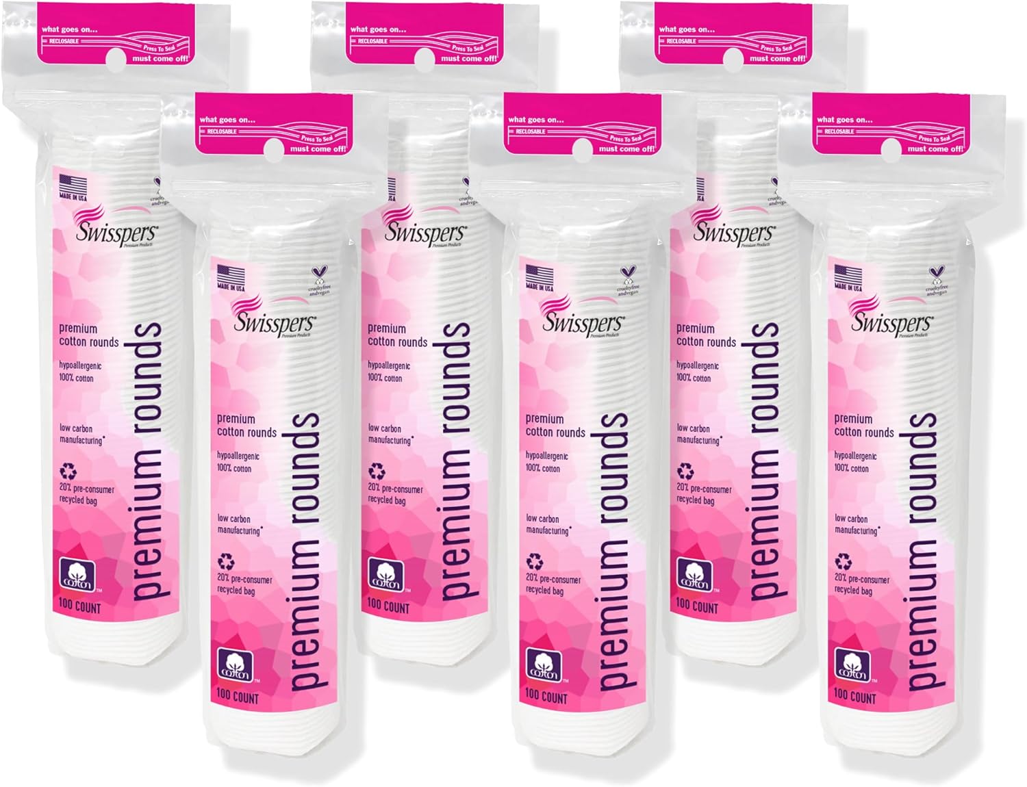 Swisspers Premium Cotton Rounds 100ct Pack of 6 | 100% Pure Cotton, Hypoallergenic, Lint-Free for Makeup Removal, Skincare & Baby Care
