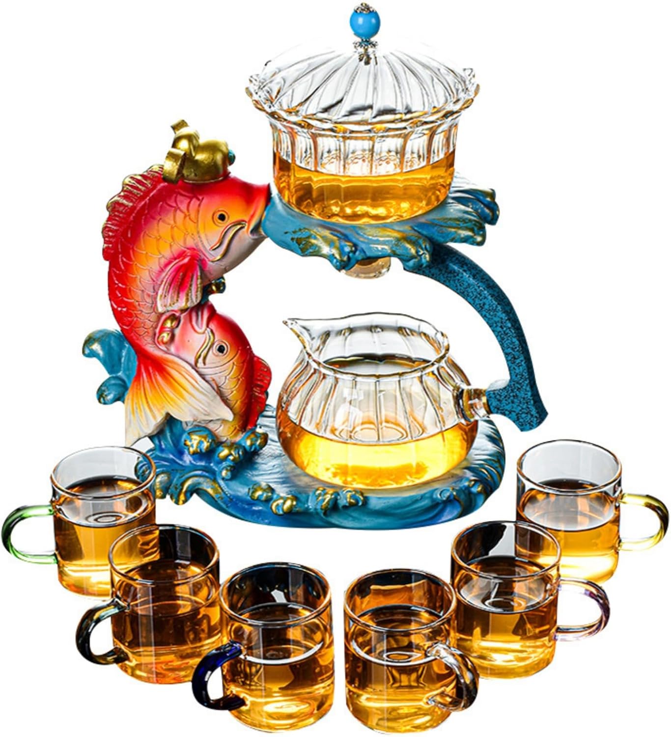 MOZEO Creative Fish Semi-automatic Tea Set with 6pcs Glass Lazy Kung Fu Teacups set Heat-resistant Tea Maker Pot Teapot (Fish Set)
