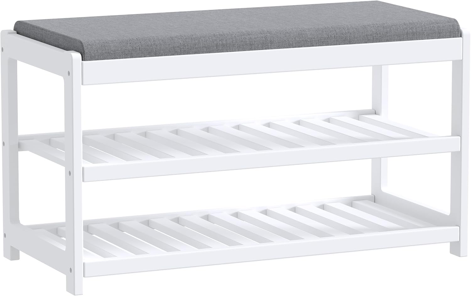 Shoe Bench Entryway, 100% Solid Solid Wood Shoe Rack Bench with Storage and Cushion Padded Seat, 3-Tier Shoe Organizer for Hallway Living Room, Mudrooms, White