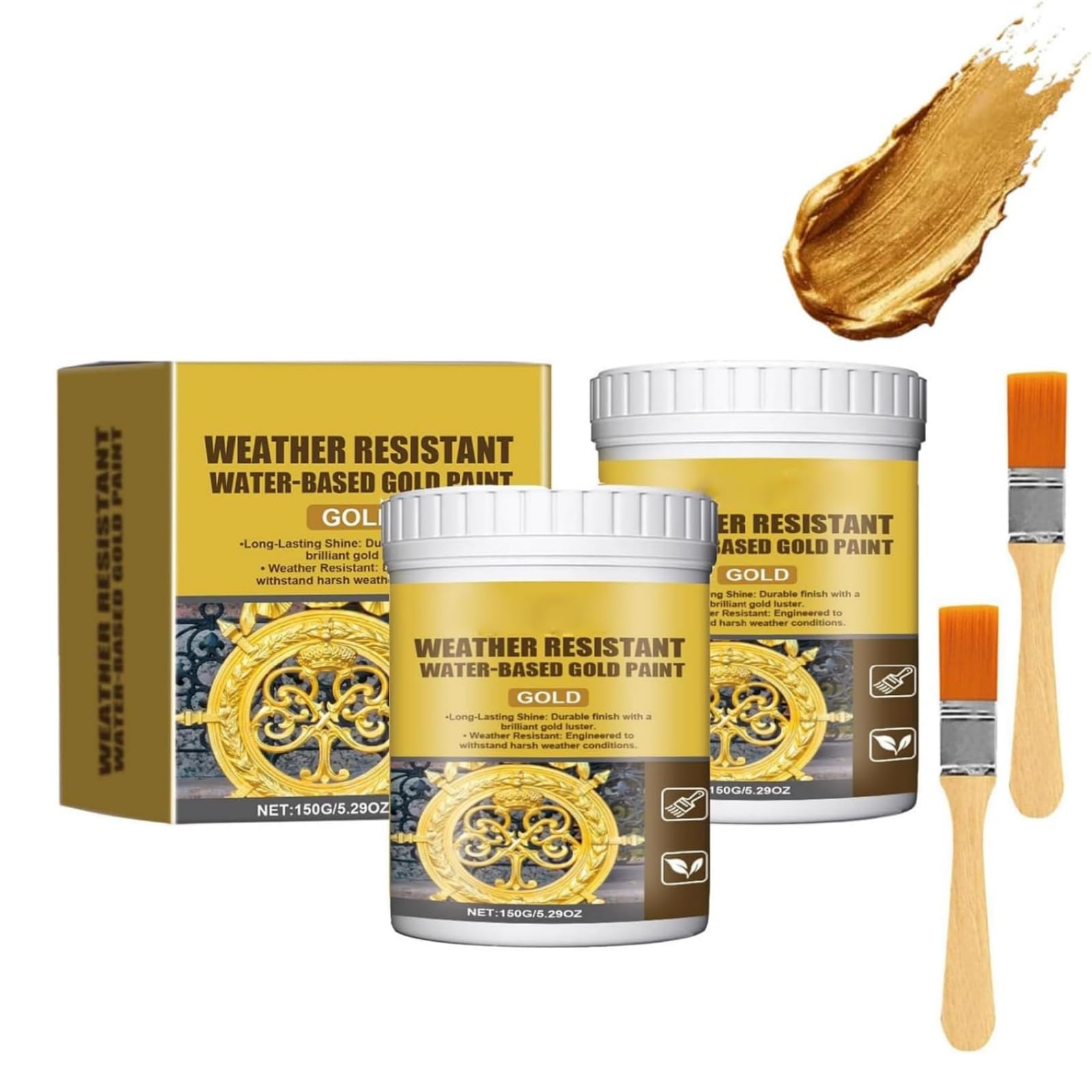 Weather Resistant Water-Based Gold Paint, Metallic Gold Paint, High Gloss Gold Leaf Paint for Metallic, Wood, Stone and Plaster Surfaces, Quick Drying and Safe on All Surfaces, 150g (2PC)