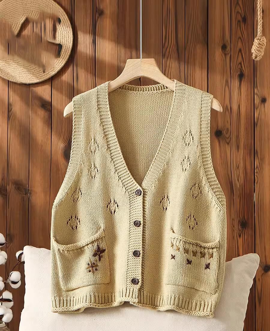 LIXINGHEITANG Large size knitted vest for women autumn and winter loose embroidered ethnic waistcoat sleeveless sweater