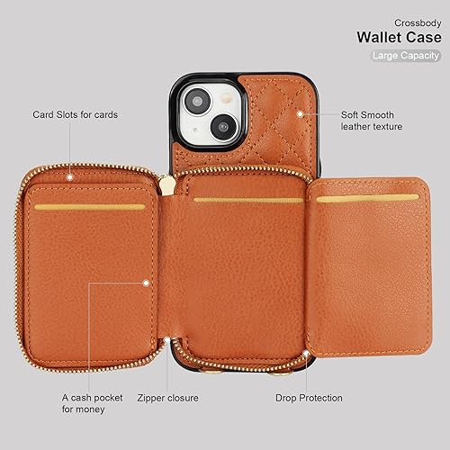 Miniatura 7 de Bocasal Funda tipo cartera cruzada para iPhone 15, con bloqueo RFID, de piel sintética, con cremallera, funda tipo cartera con función atril y