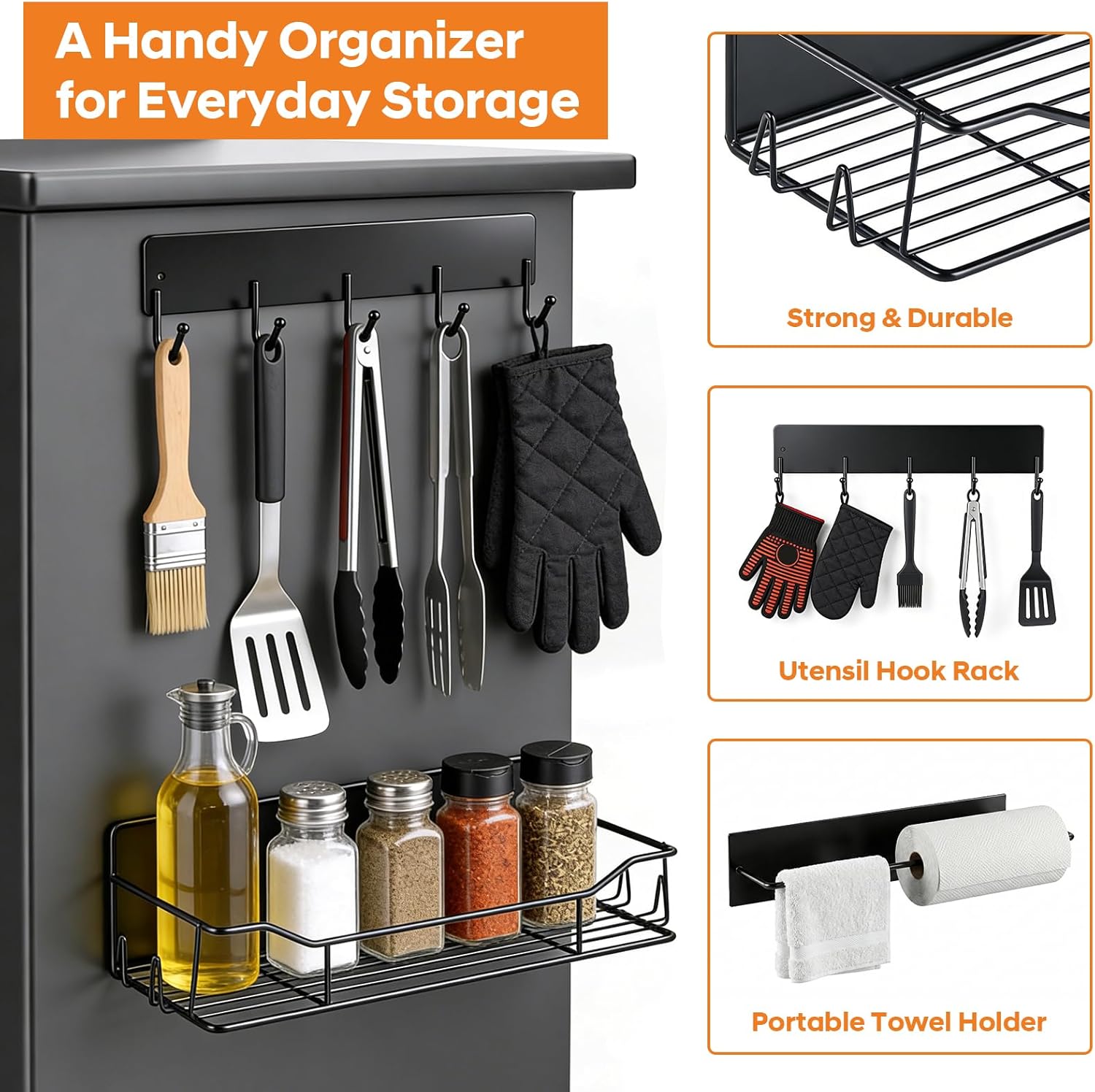 Detukna Magnetic Grill Caddy with Storage Bins, BBQ Tool Organizer with Paper Towel Holder and Hooks, Metal Shelf for Pellet Grill Accessories, Outdoor Smoker Storage Rack
