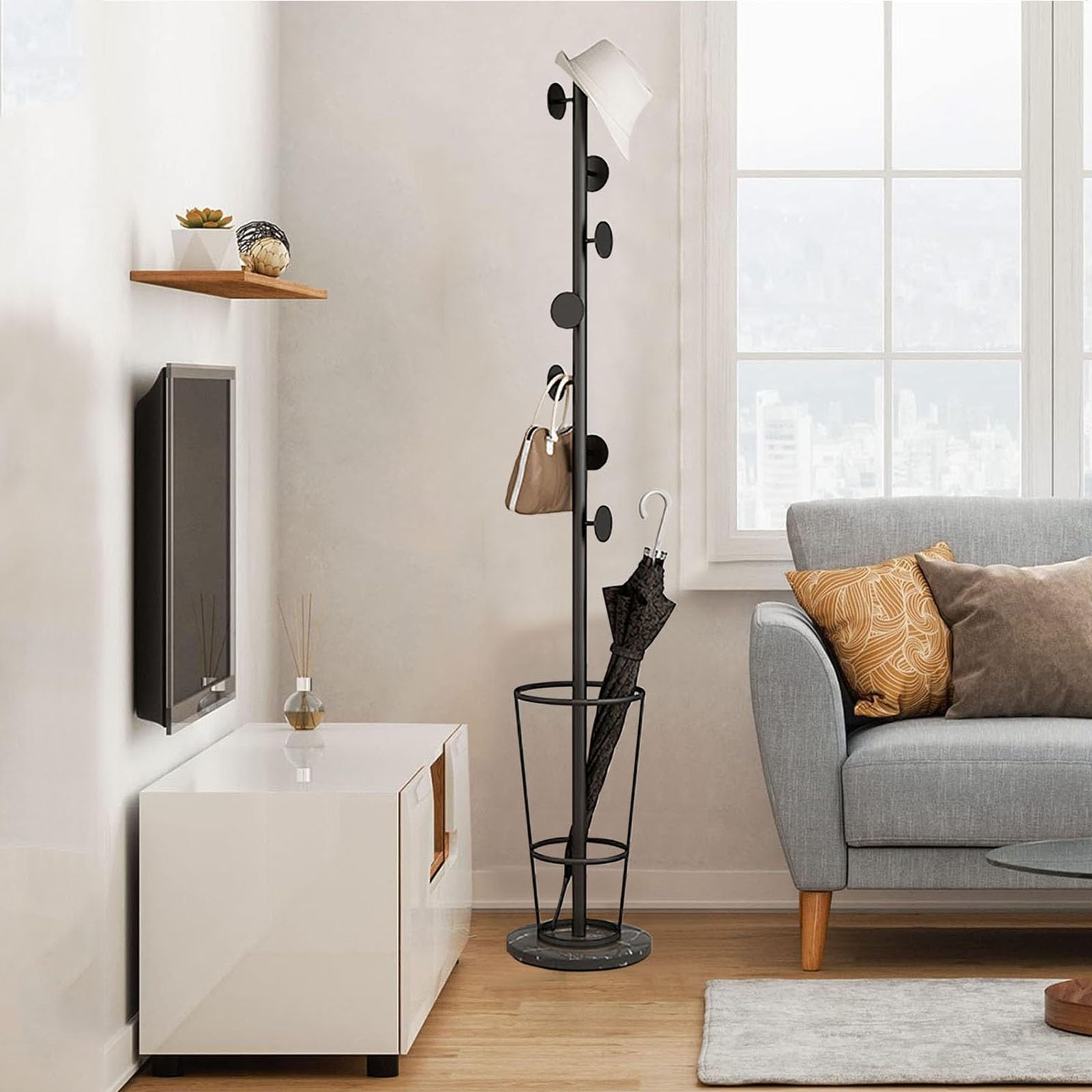 HYLYGFH Entryway Umbrella Holder Stand with Coat Rack Space Saving Design Multiple Hooks Solid Marble Base