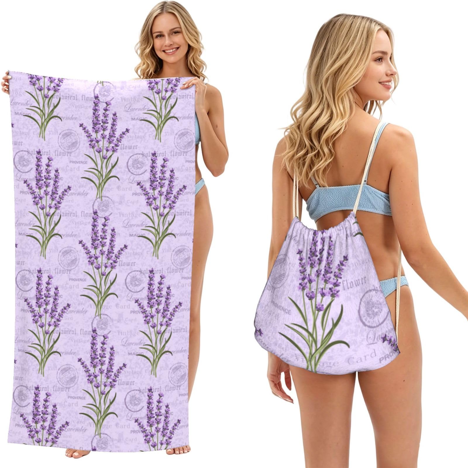 Poadnly As Picture Lavender Stamp, 2 In 1 Packable Towel Bag, Beach Towels With Drawstring Backpack For Travel Holiday Camping