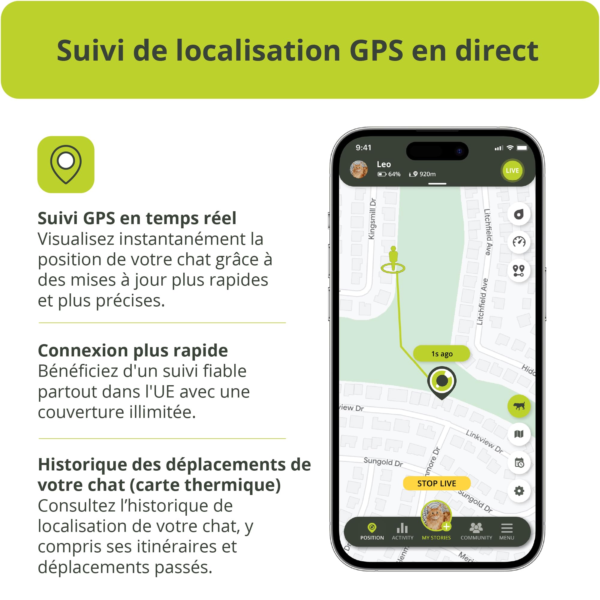 Kippy Cat V2 - Collier GPS pour Chats - Localisateur et Tracker de Santé et d'Activité avec Système Anti-Étranglement - Créer des Frontières Virtuelles - Suivi en Temps Réel