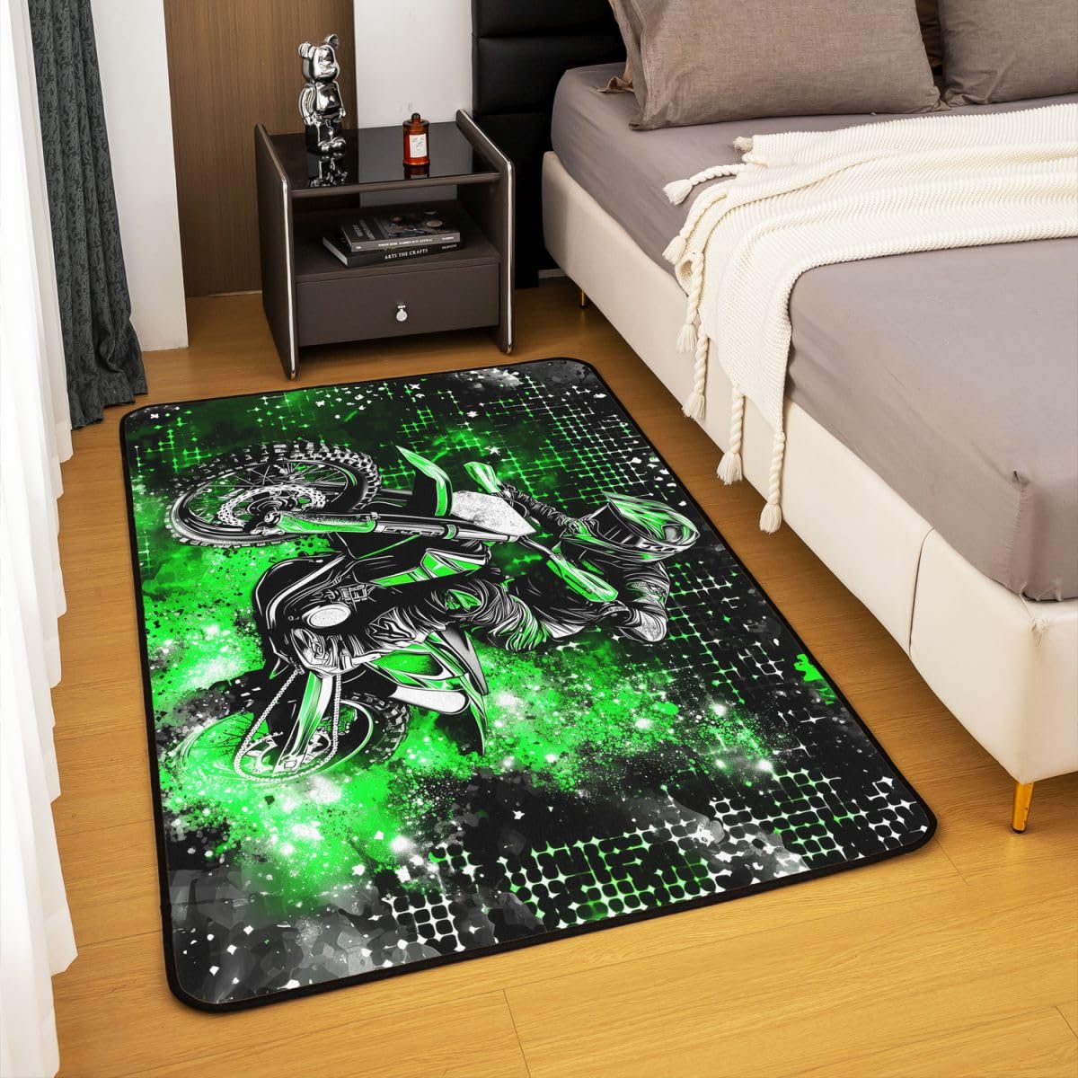 Coole Motorrad Wohnzimmer Teppich 100x150cm Extreme Sportthemen Schlafzimmerbereich Teppich für Kinder Teens Moderner schwarzer Motocross-Druck Indoor Matte Heimdekor