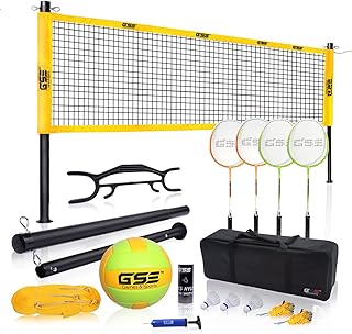 GSE Portable Badminton Volleyball Combo Set for Backyard Lawn/Beach with Volleyball/Badminton Net, PU Volleyball with Pum...