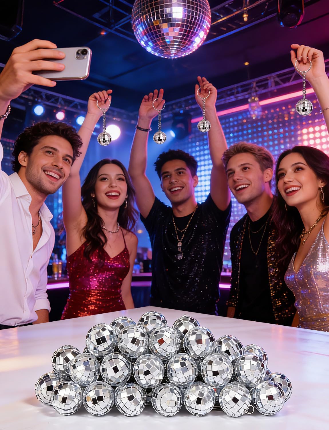 28 Pcs Disco Ball Keychain, Mini Silver Disco Balls Key Chains Bulk for Party Favors Decorations
