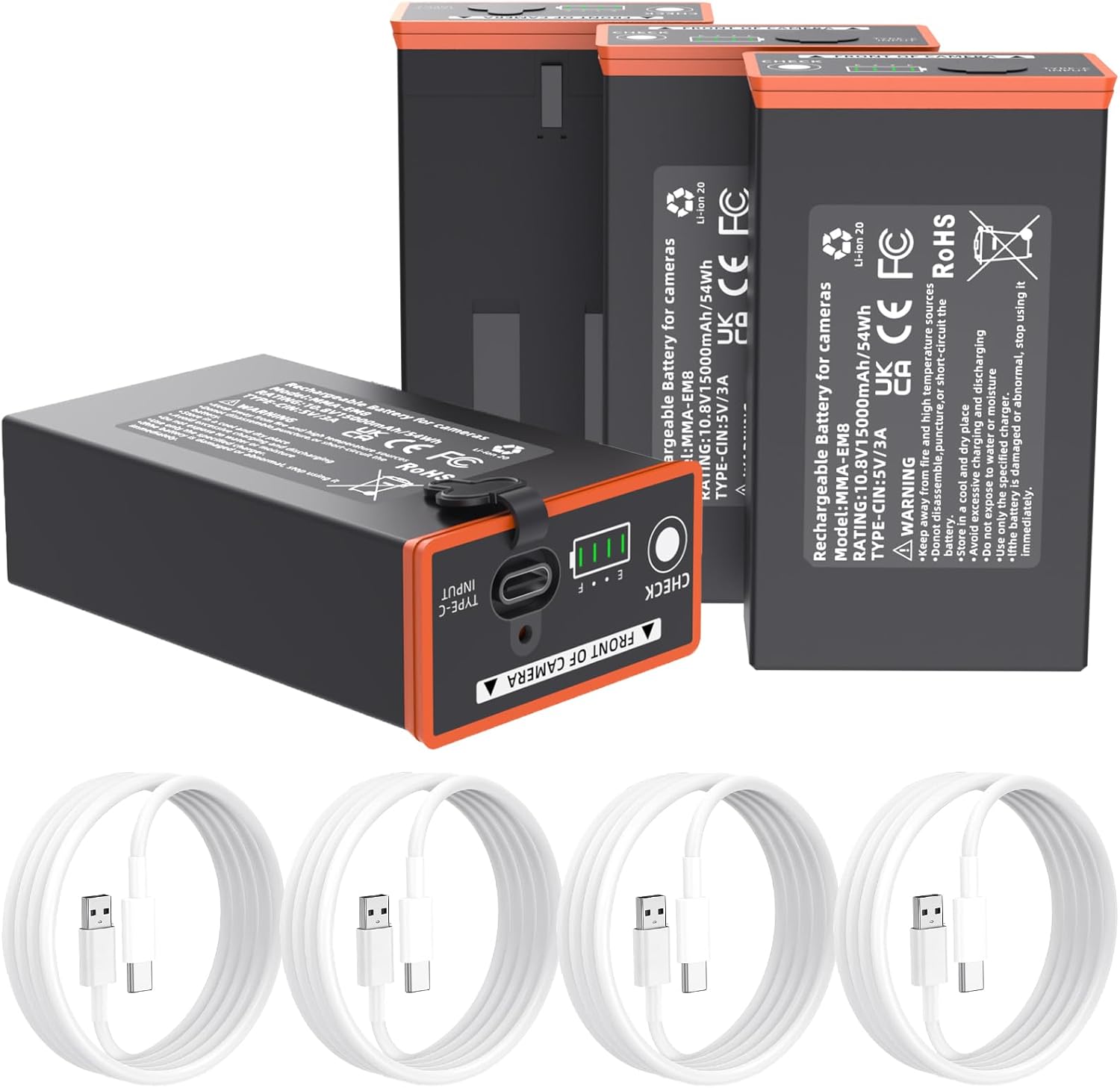 FJP 4-Pack 5.0Ah Moultrie Power Mag Replacement Battery - Compatible with Moultrie Cellular Trail Cameras Edge, Edge Pro, Edge 2, Edge 2 Pro; Includes Four Type-C Fast-Charging Cables