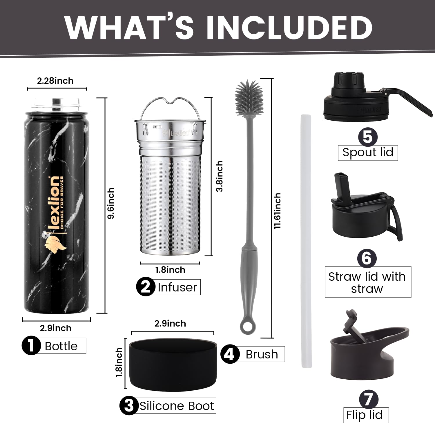 lexlion Tee-Ei Flasche – Frucht-Infuser-Wasserflaschen, 625 ml, dreiwandige, isolierte Edelstahlflasche, Thermo-Blatt-Infuser, Silikonhülle, 3 Deckel, auslaufsicher, Metallbecher