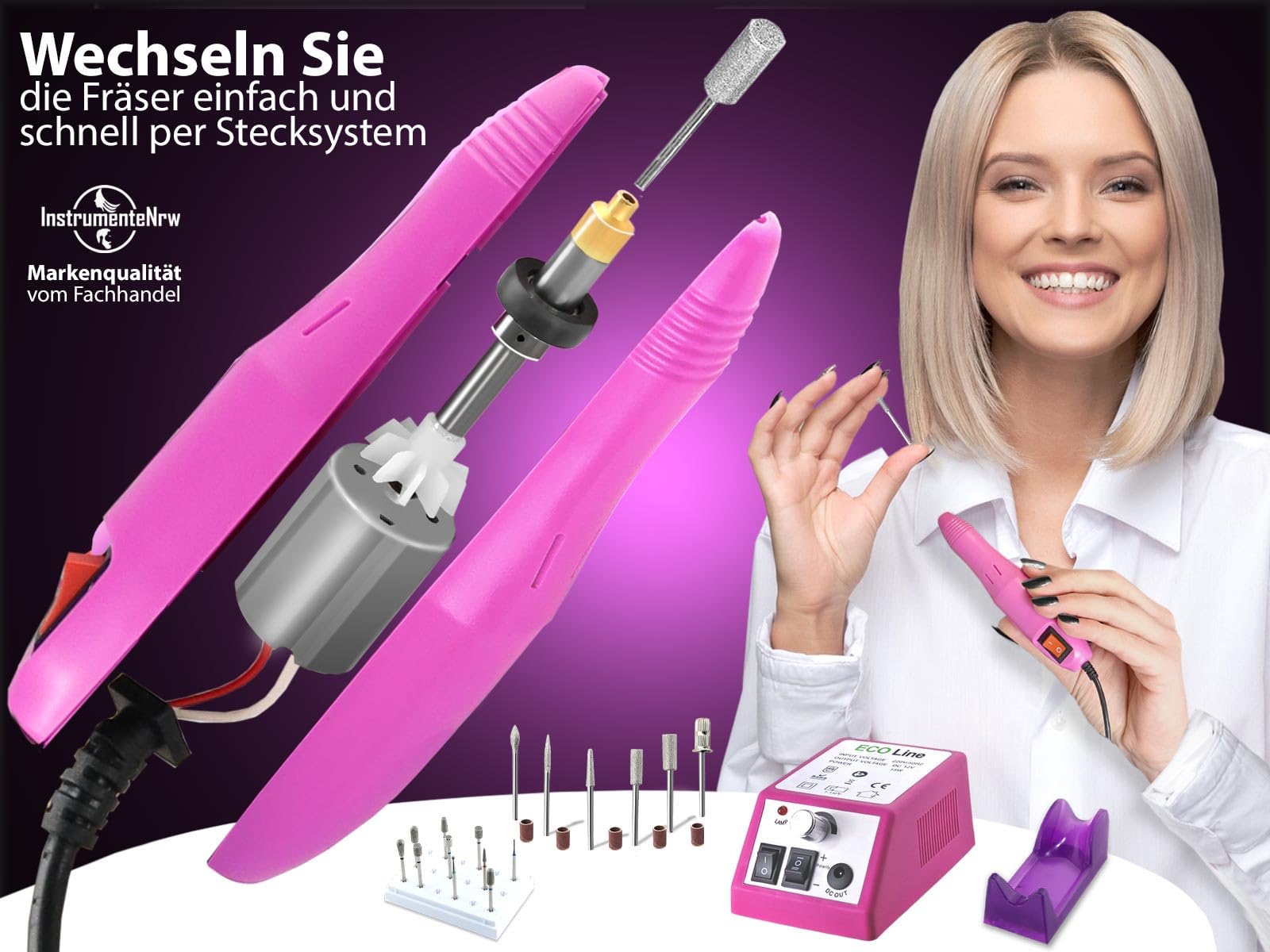 Elektrische Nagelfeile als Fußpflegegerät mit Spezial Fußpflege-Set | Nagelfräser, Maniküre und Pediküre Gerät mit 10 Profi Diamantschleifer in einer Aufbewahrungsbox zur attraktiven Nagelpflege