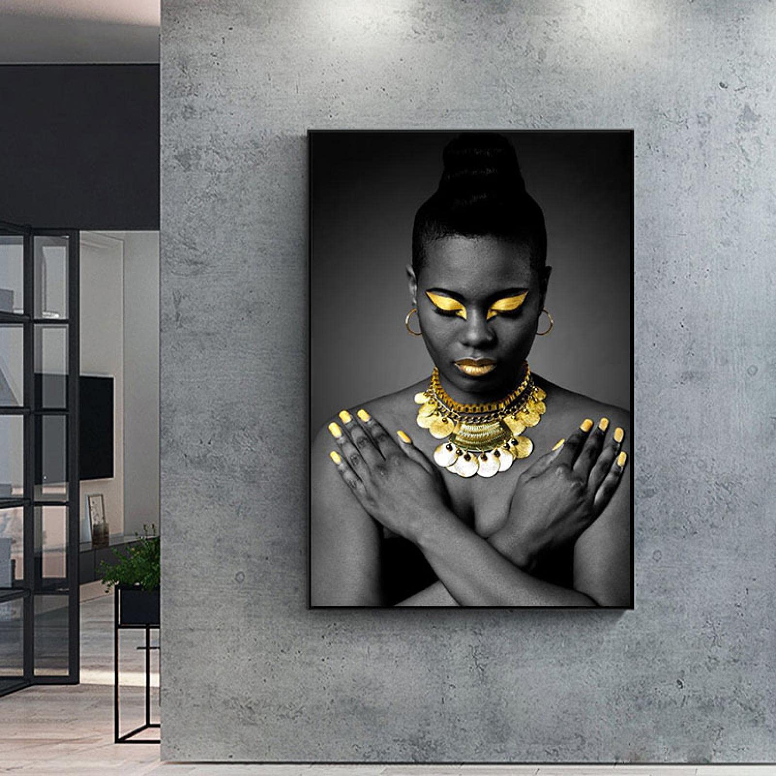 Art Africain Noir et Or Peinture sur Toile pour Décoration de Chevet 60x90cm Sans Cadre