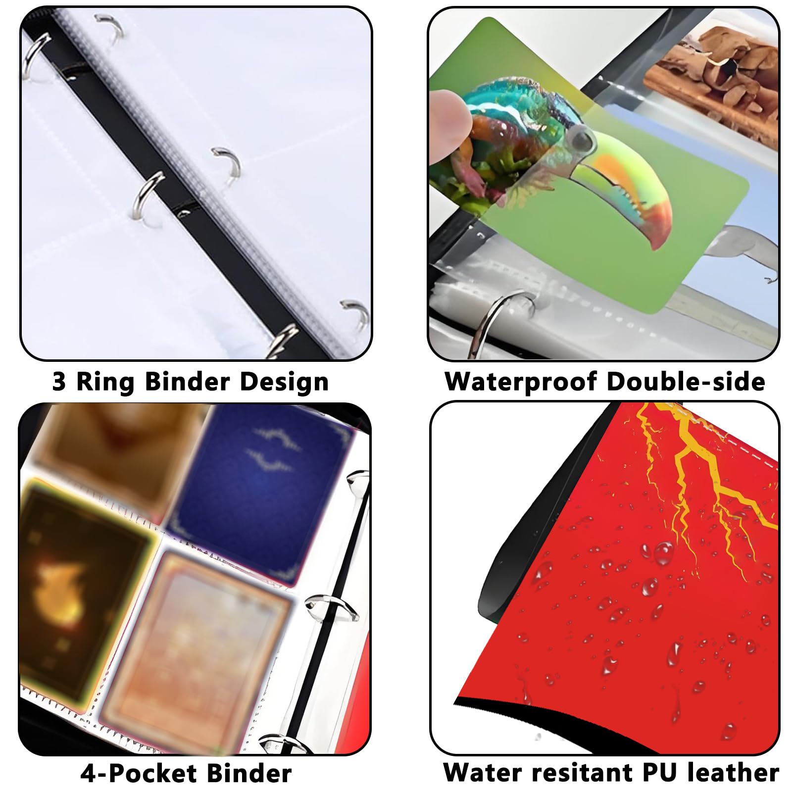 Kartenbinder 4 Taschen Reißverschluss Sammelkartenbinder für 400 Karten, PU Collection Binder mit abnehmbaren Hüllen für 50 Seiten, Tragbares Sammelalbum, Kartenbuch für Spielkarte, Sportkarten