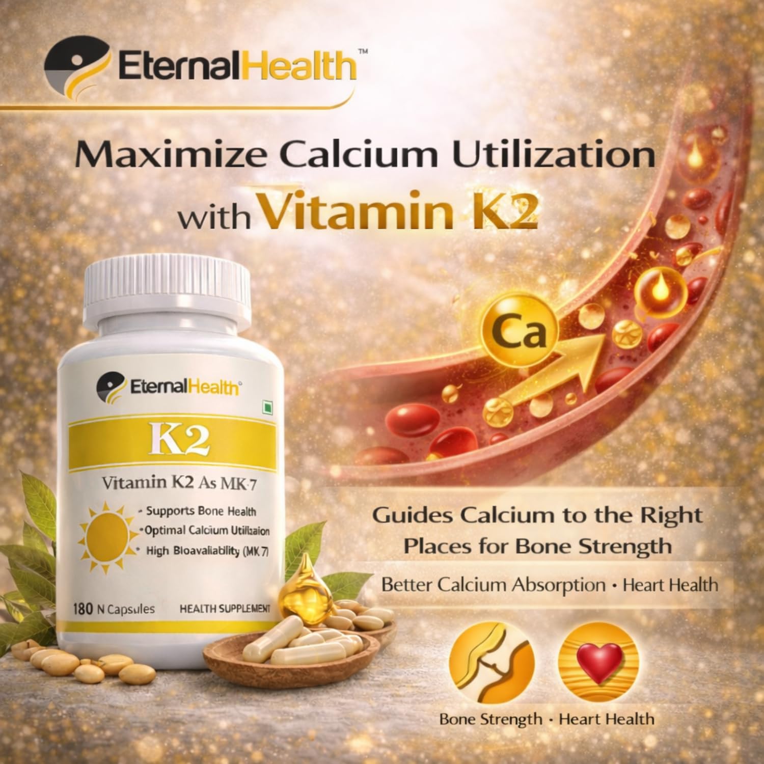 EternalHealth Vitamin K2 as MK-7, High potency form of K2-180 Vegetable Capsules