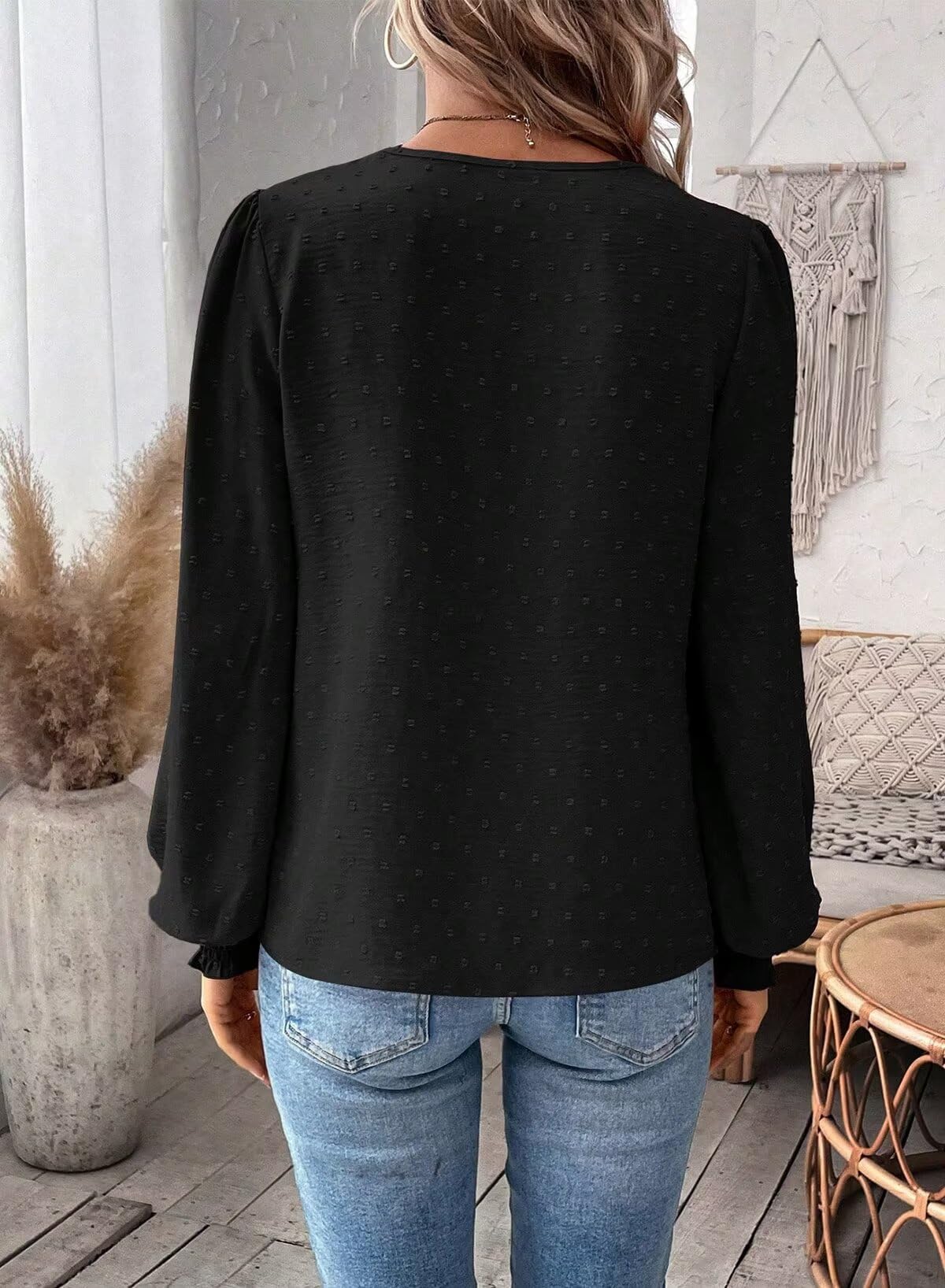 Womens Tops V Neck Boho Long Sleeve Shirts Swiss Dot Chiffon Blouses Flowy Lace Crochet Clothing Casual Trendy Tunic