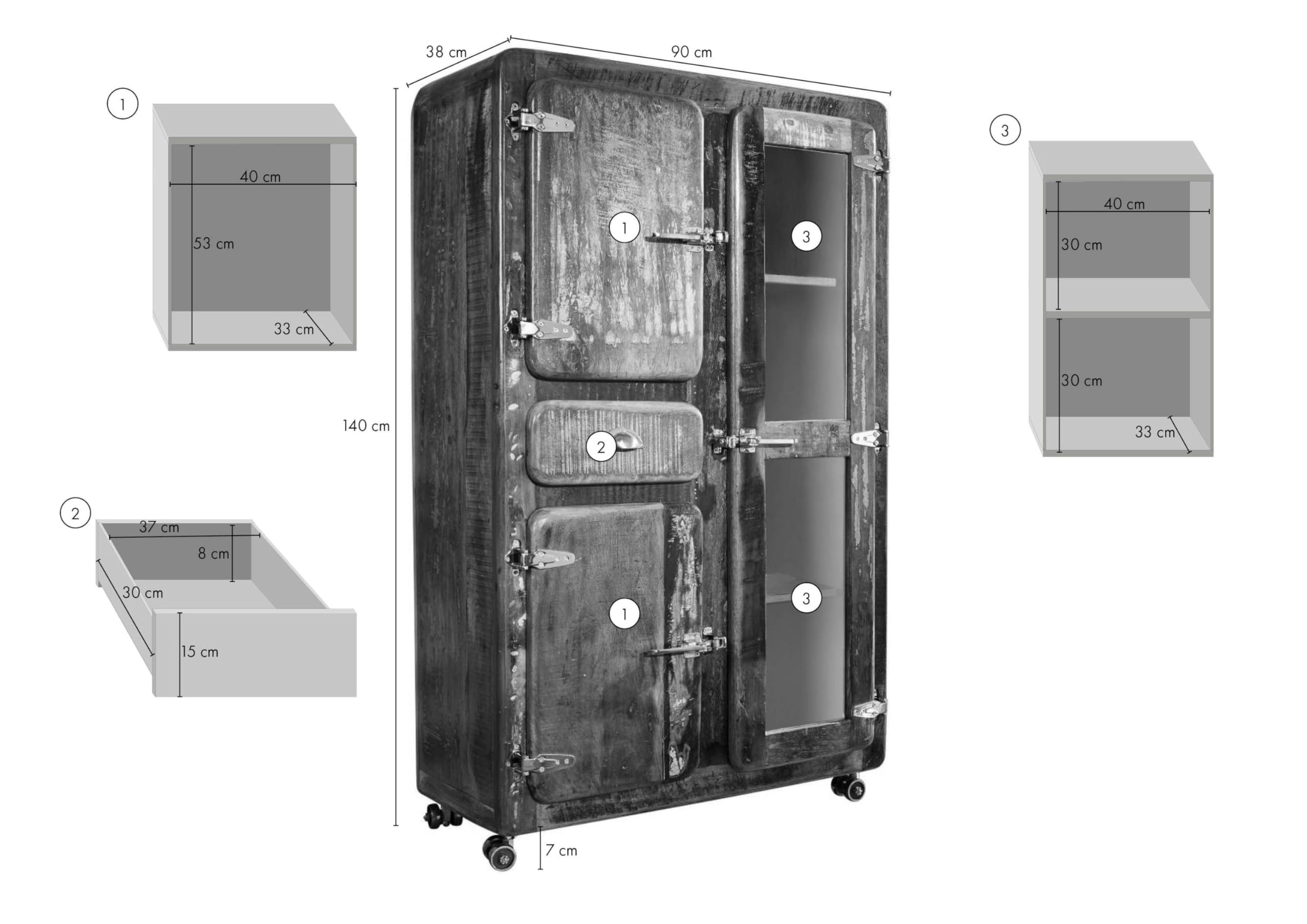 MASSIVMOEBEL24.DE FREEZY #34 Mobile dispensa in Legno Riciclato - Laccato/Multicolore 90x38x140