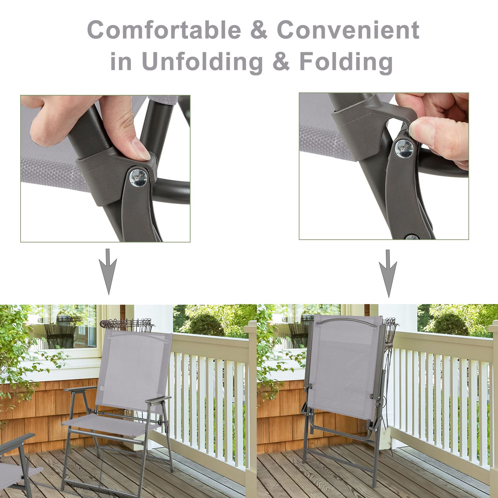 KOMFOTTEU Chaises de Jardin Portables, Charge 150 kg, Gris, Lot de 4 | Fauteuil d'Extérieur Pliable avec Serrure de Sécurité, Dossier Haut, pour Terrasse, Balcon, Plage, Fêtes