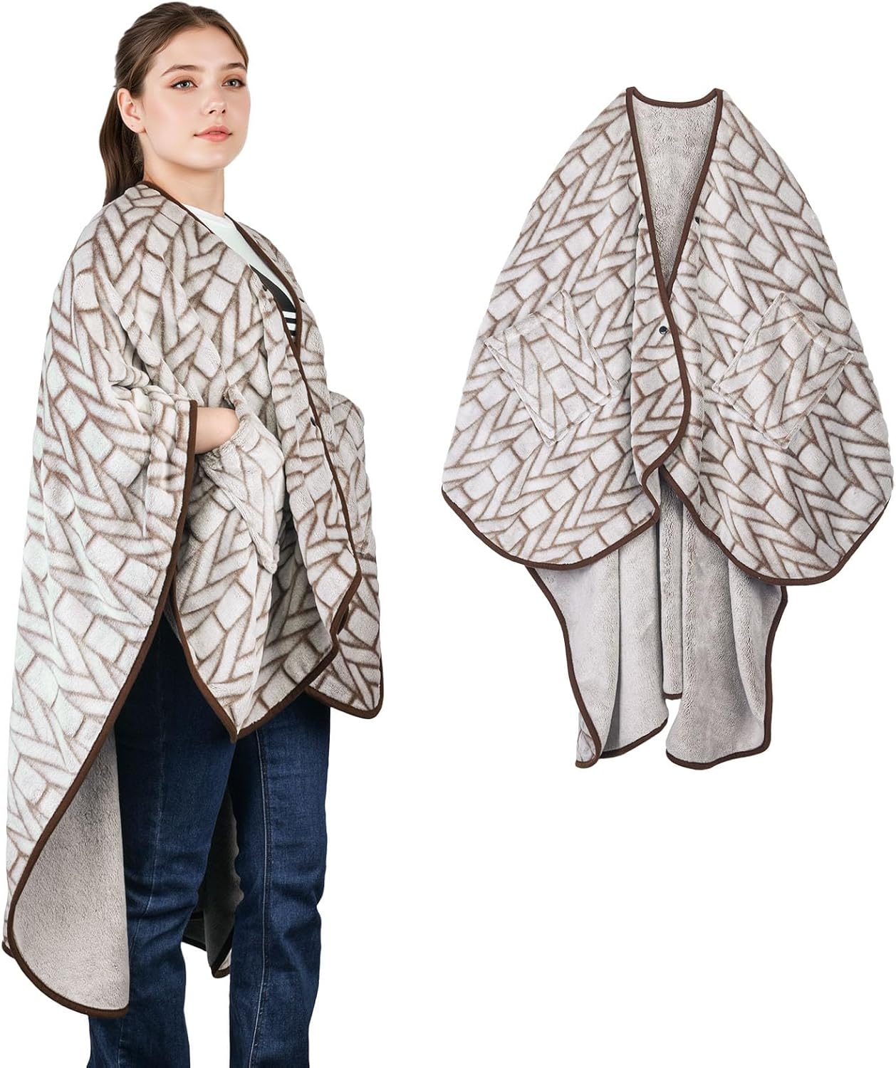 forestfish Wearable Blanket Poncho With Pockets, Fleece Shawl Wrap Blanket For Men And Women Soft Warm