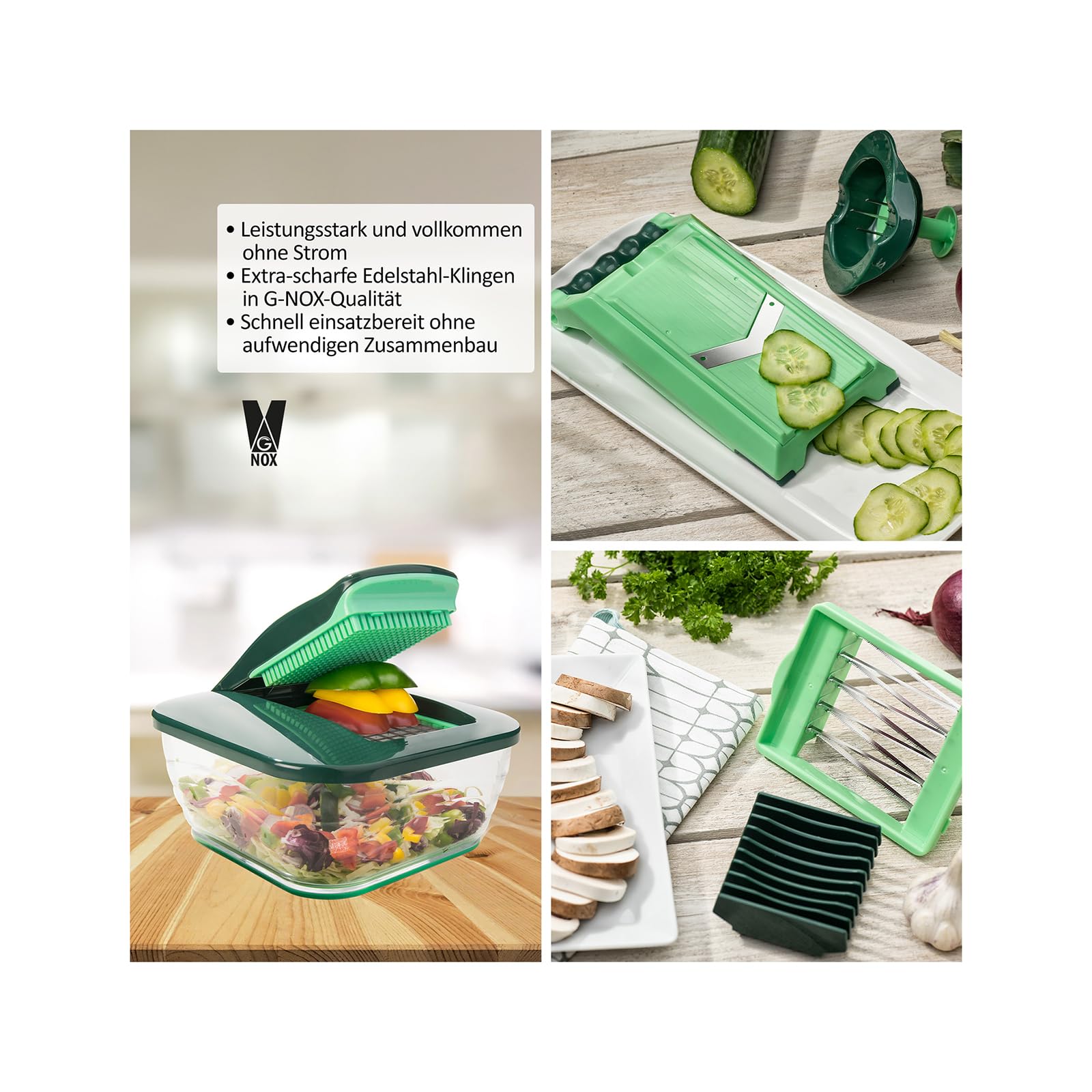Genius Nicer Dicer Chef Deluxe-Set 28-tlg. Multifunktions-Profi-Gemüseschneider mit Glasschale und Tomatenschneider | Teigwaren, Scheiben, Streifen, Spiralen, Julienne
