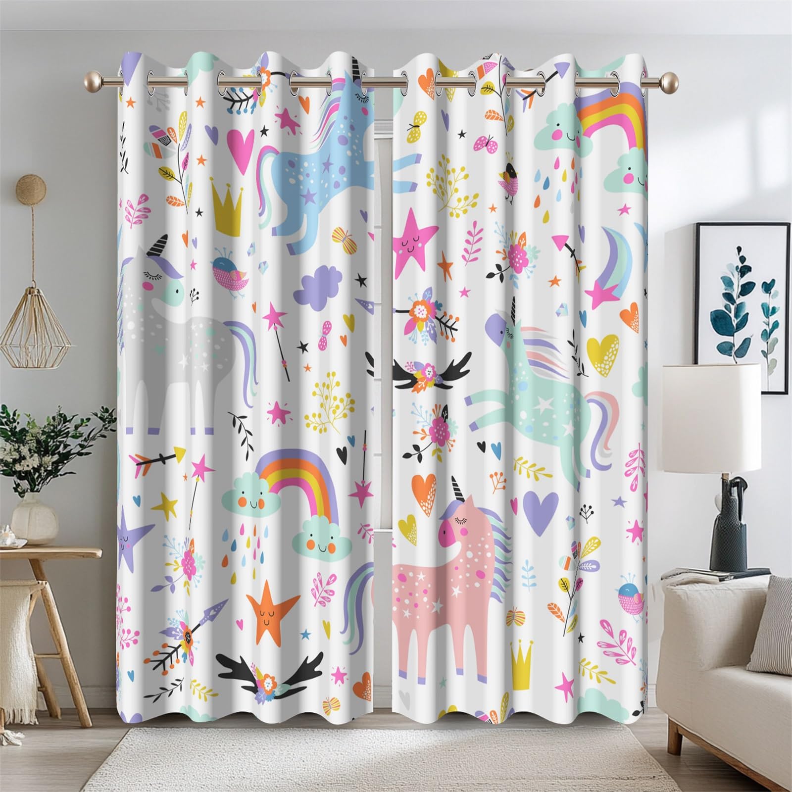 Ttincceer U-nicorn Blackout Curtains for Kids Bedroom Cartoon Rainbow Clouds for Girls Room Colorful Curtains for Baby Room Window Drapes Insulated
