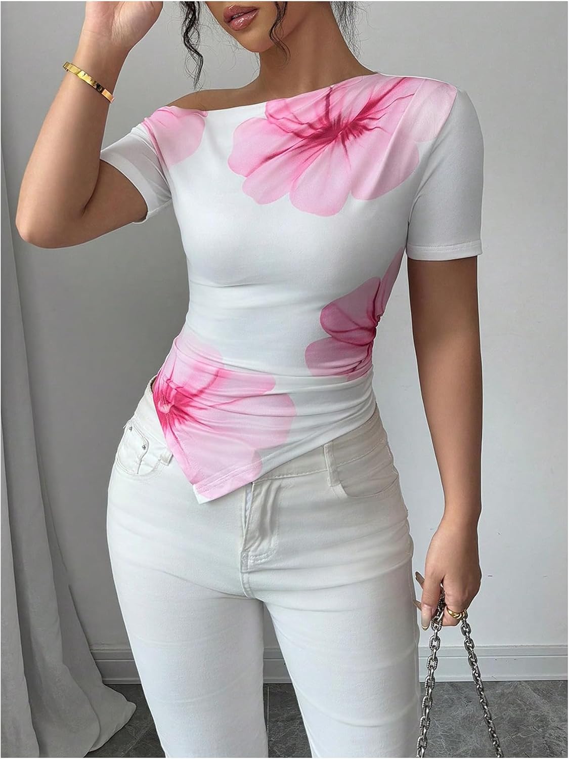 SHENHE Women's Off Shoulder Floral Shirt Ruched Asymmetrical Short Sleeve Fitted Going Out Top - Image 5