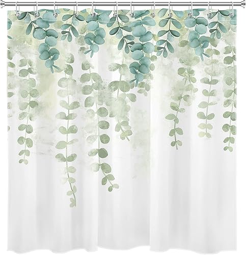 Miniatura 7 de LB Cortina de ducha de hojas de eucalipto de plantas verdes cortina de baño de tela de poliéster con ganchos hojas botánicas de acuarela en la parte