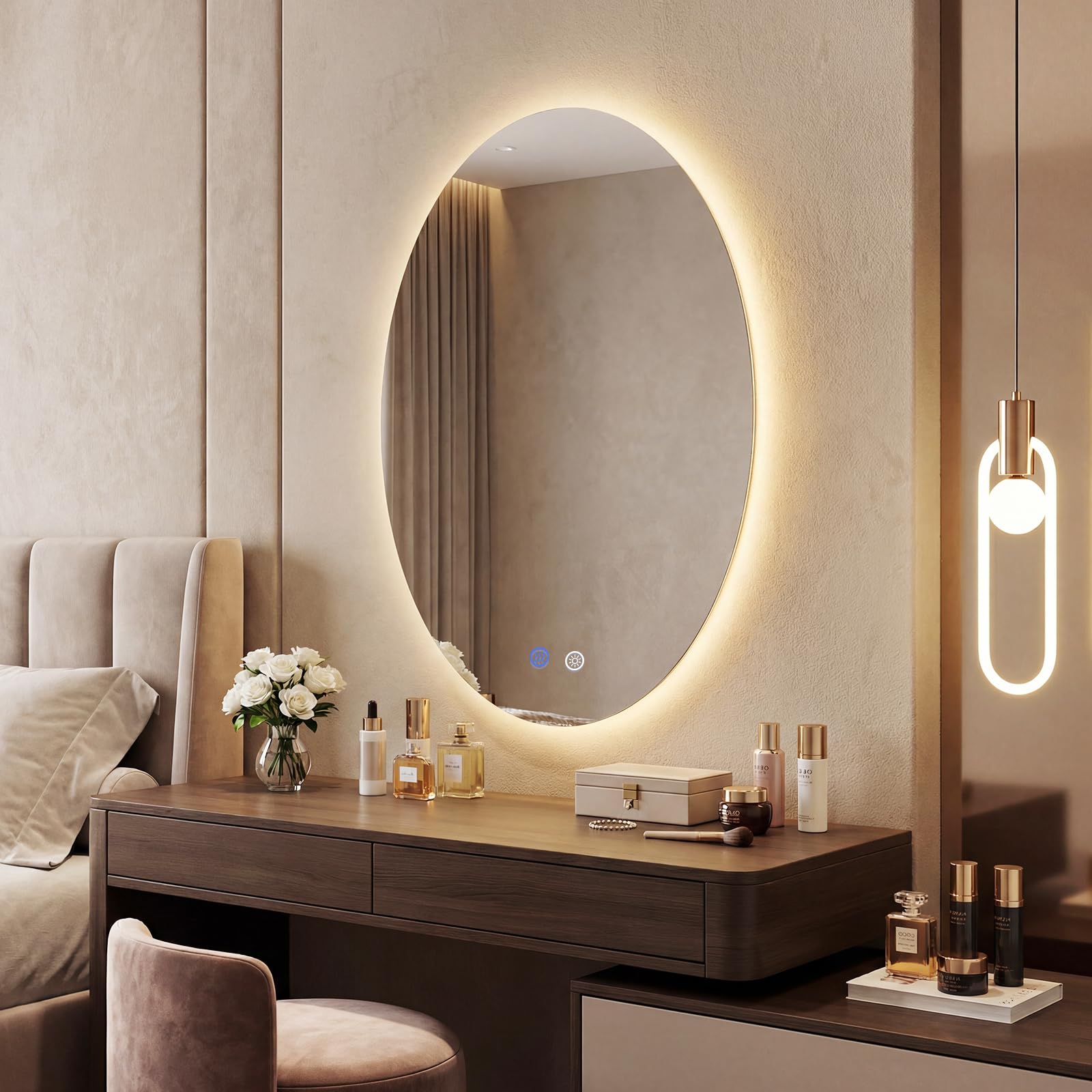 COSTWAY Specchio da Bagno Ovale 70 x 50 cm, Specchio Retroilluminato Bagno con Luce, Antiappannamento, 3 Colori di Luce Dimmerabili, Funzione Memoria e Vetro Temperato Infrangibile per Ingresso, IP44