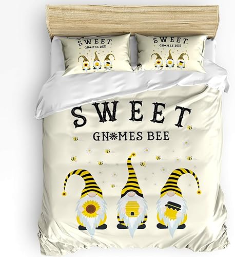 Juego de funda de edredón tamaño matrimonial de 3 piezas diseño de gnomos dulces abeja girasol margaritas amarillo suave con cierre de cremallera