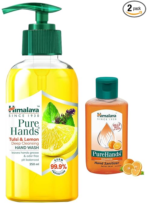 Himalaya Pure Hands Deep Cleansing Tulsi and Lemon Pump 250 ml & Himalaya Herbals Pure Hands Hand Sanitizer - 100 ml (Orange)
