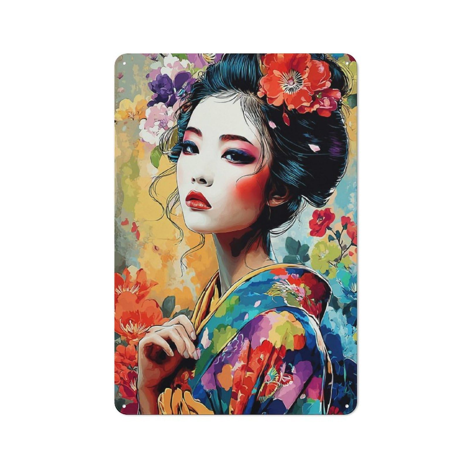 Junmoney Geisha In Vibrant Flowers Decorative Tin Plaque 30X20cm, Vintage Bar Wall Plaque For Bar, Kitchen, Garage Or Games Room