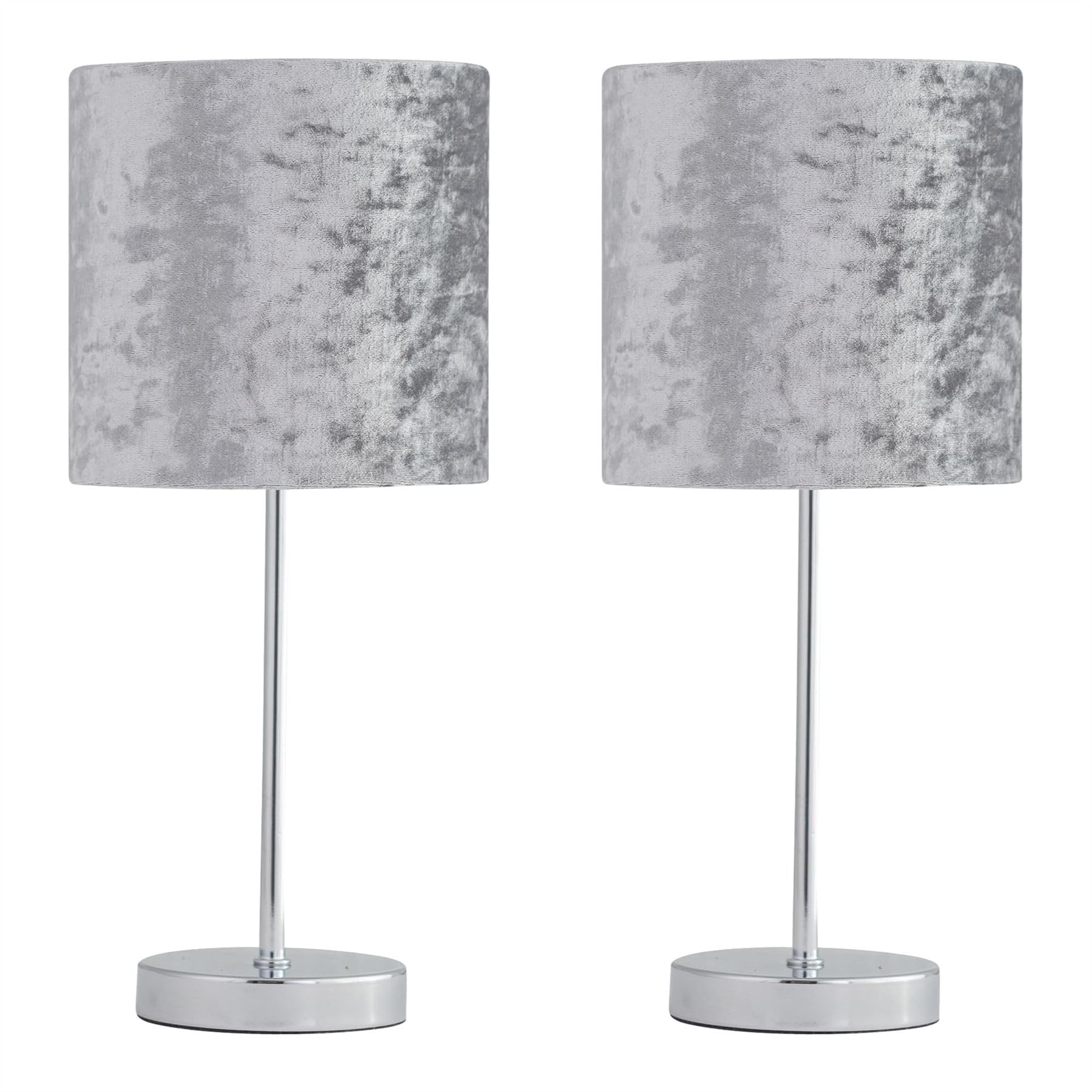 Firstchoicelighting Chrome & Grey Set Of 2 Polished Chrome Table Lamps Or Bedside Lights, Modern Design, Grey Crushed Velvet Shade, Height 35Cm, Led Compatible