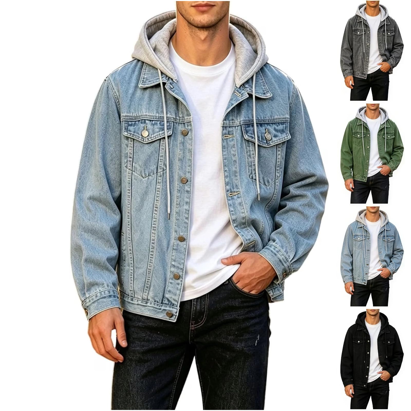 Denim Jacket Men Long Sleeve Button Down Loose Fit Jean Jackets With Hood