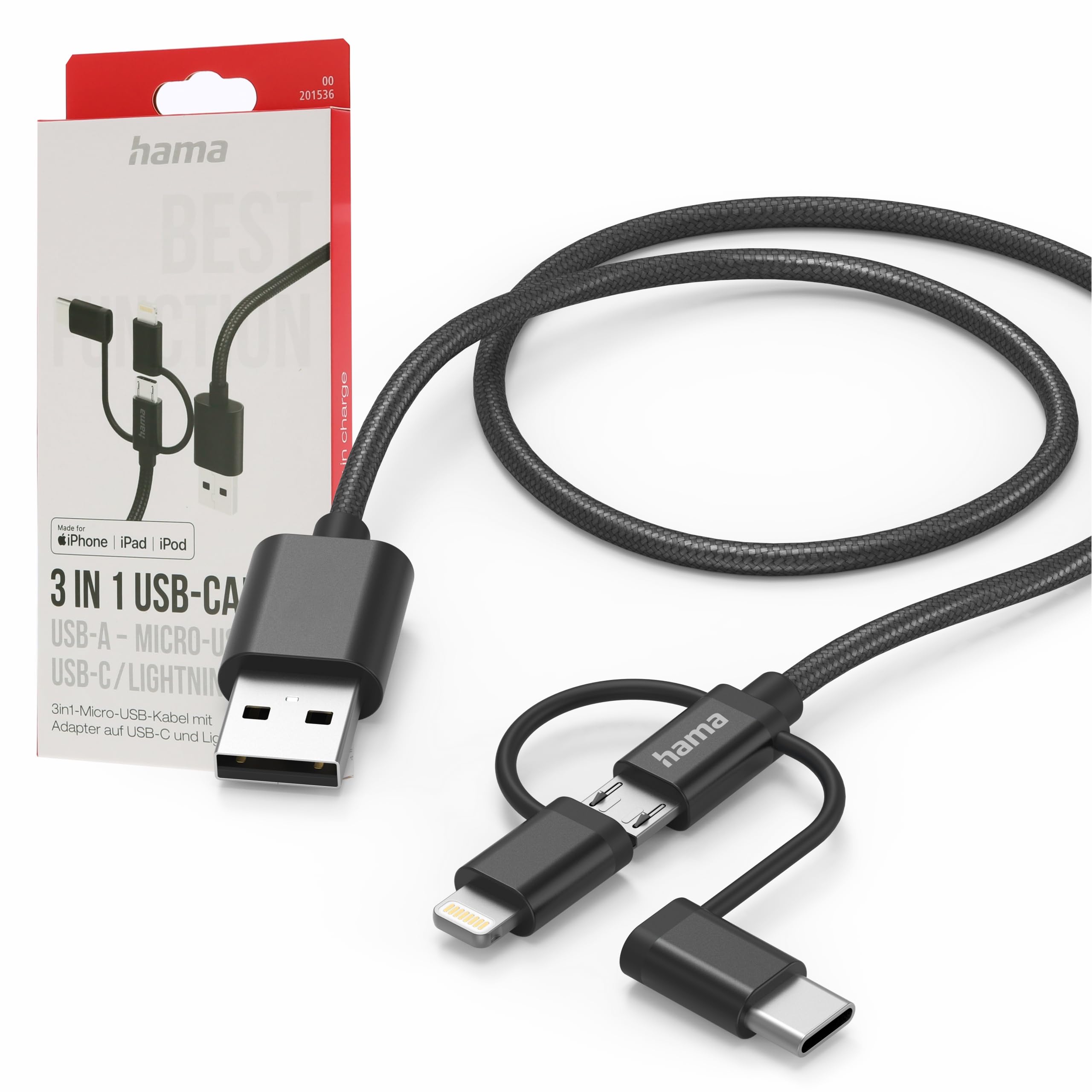Hama - 3 in 1 USB A/Micro USB Cable USB Type C Lightning 1.5m Black